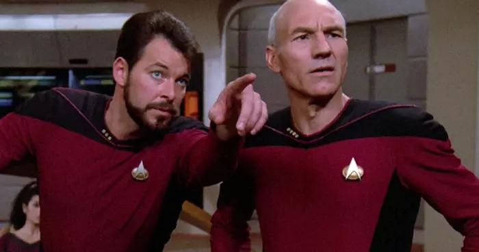 Picard and Riker from Star Trek sci-fi fiction meet their eyes